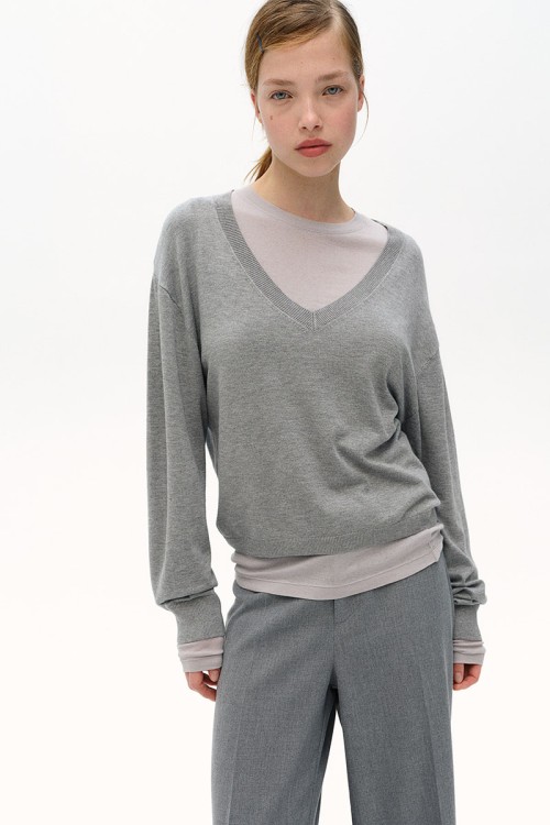 Fine-Knit V-Neck Sweater